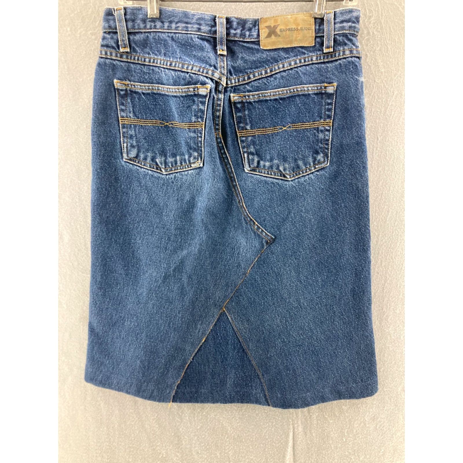 Express XPRESS Denim Skirt Womens Midi 7/8 Flare Cotton Blend Blue 90s Theme Pockets Regular M Womens Size 32" / US 10 / IT 46 - 5 Thumbnail
