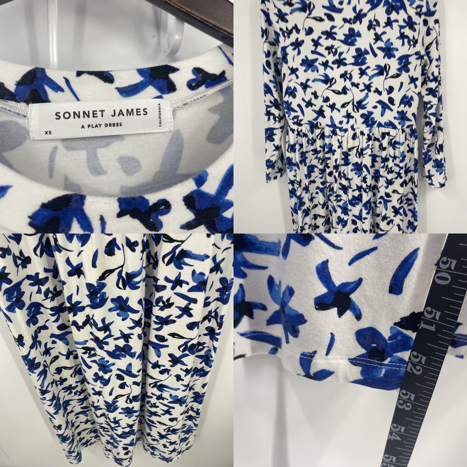 Vintage Sonnet James Women's XS Blue Floral Midi Dress Long Sleeve Scoop Neck Casual Party Cottagecore Size XS / US 0-2 / IT 36-38 - 8 Thumbnail