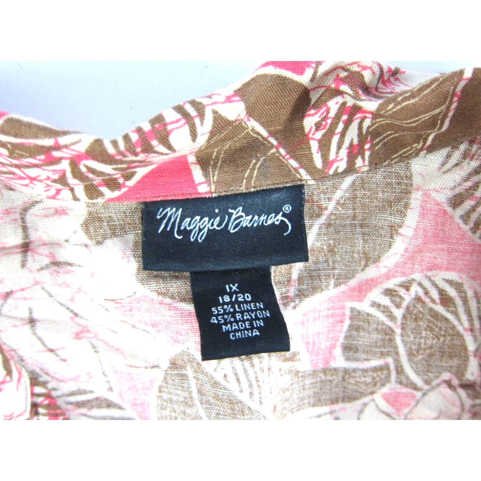 Pinko Maggie Barnes Linen Brown Pink Floral 3/4 Sleeve Button Down Collared Blouse 1X Size XL / US 12-14 / IT 48-50 - 3 Thumbnail