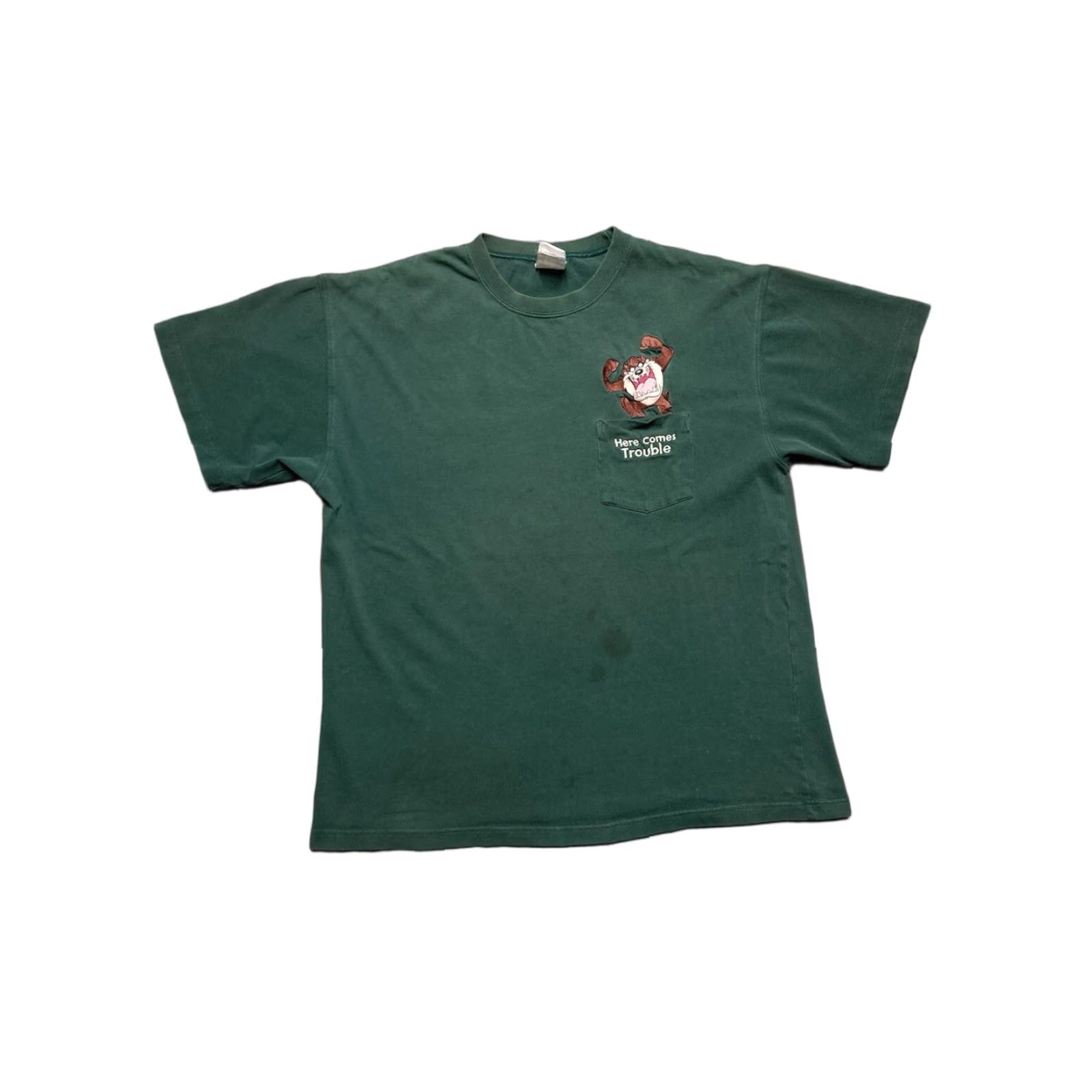 Hereu VINTAGE 90s Taz Pocket T Shirt Looney Tunes Cartoon Here Comes Trouble Medium Shirt Mens M Green Size US M / EU 48-50 / 2 - 1 Thumbnail
