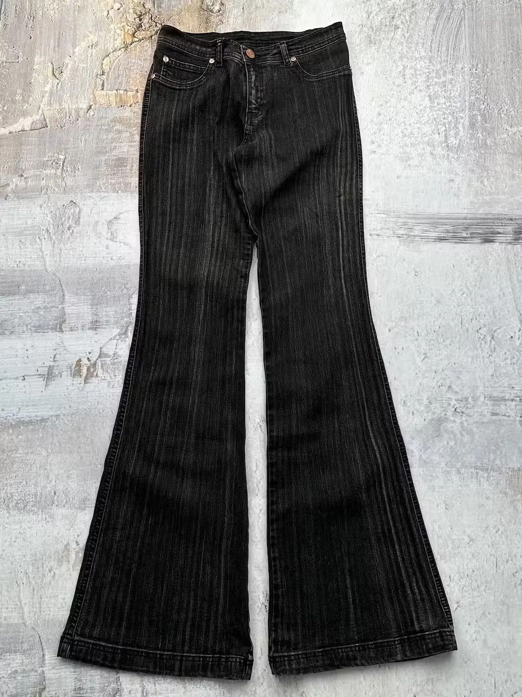 image of Avant Garde Vintage Striped Faded Color Super Flare Jeans in Dark Red, Women's (Size 28)