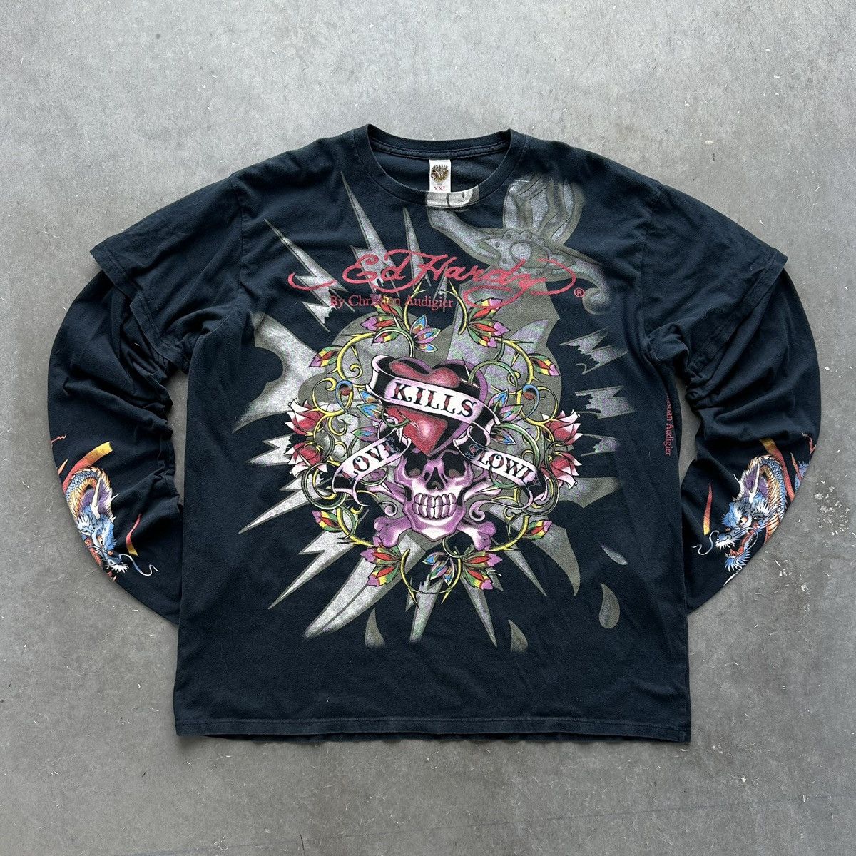 image of Affliction x Ed Hardy Crazy Vintage Y2K Ed Hardy Long Sleeve Tee Grunge Cyber in Black (Size 2XL)