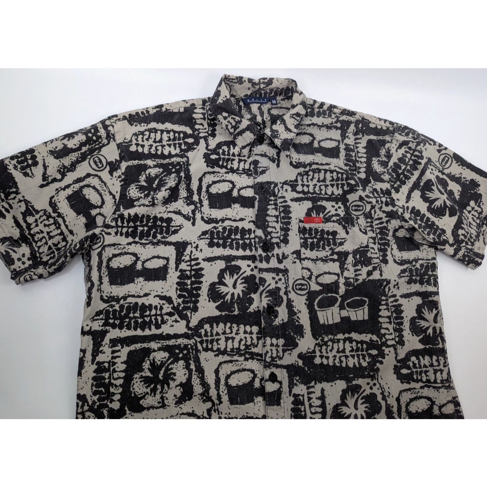 Vintage Split Shirt Mens M Button-Down Short Sleeve Cotton Gray Embroidered 90s Y2K Split Tapa Hibiscus Size US M / EU 48-50 / 2 - 2 Thumbnail