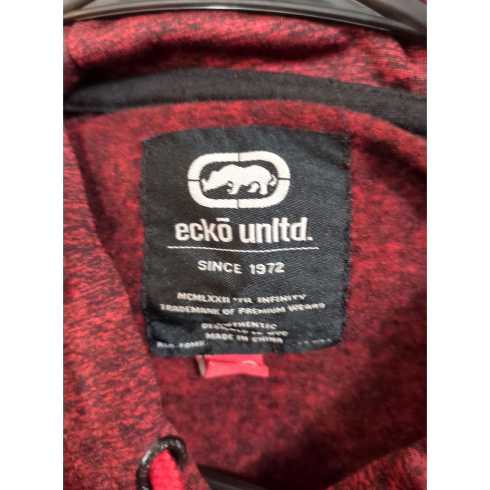 Ecko Unltd. Ecko Unltd Hooded Pullover Jacket Men M Red Marbled Sleeve Black Logo Pullover Hooded Fleece Polyester Size US M / EU 48-50 / 2 - 7 Thumbnail