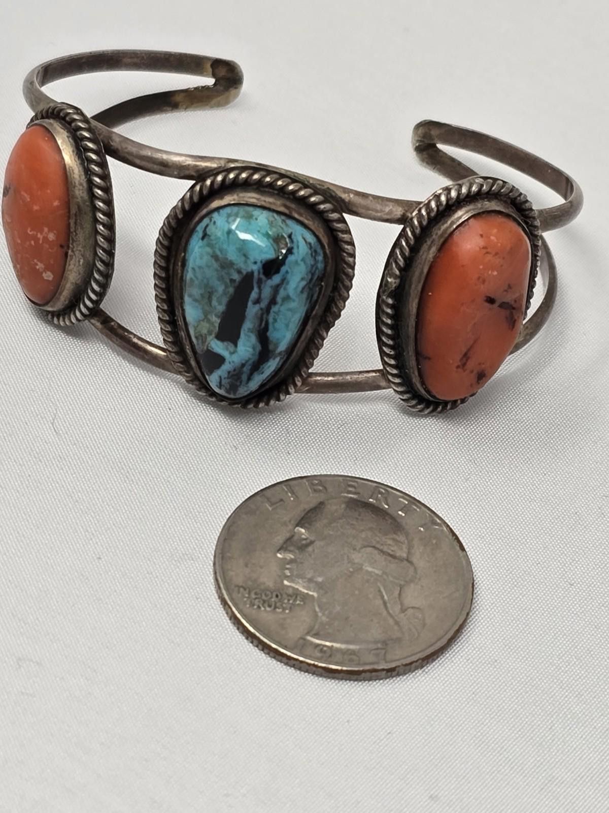 Other Vintage Navajo Sterling Silver Cuff w/ Turquoise & Coral Size ONE SIZE - 1 Thumbnail