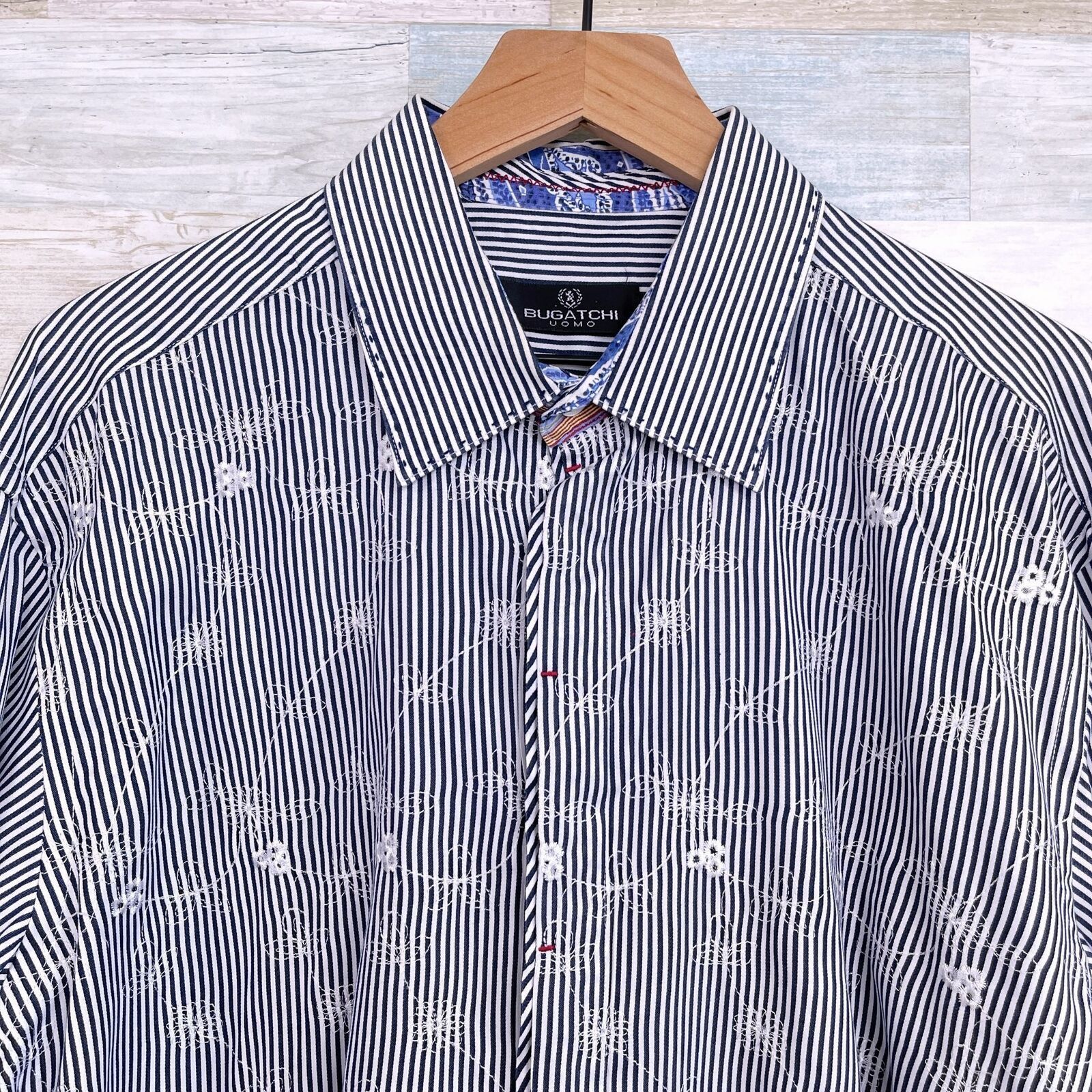 BUGATCHI Bugatchi Uomo Floral Embroidered Shirt Blue Striped Mens XL Size US XL / EU 56 / 4 - 2 Thumbnail