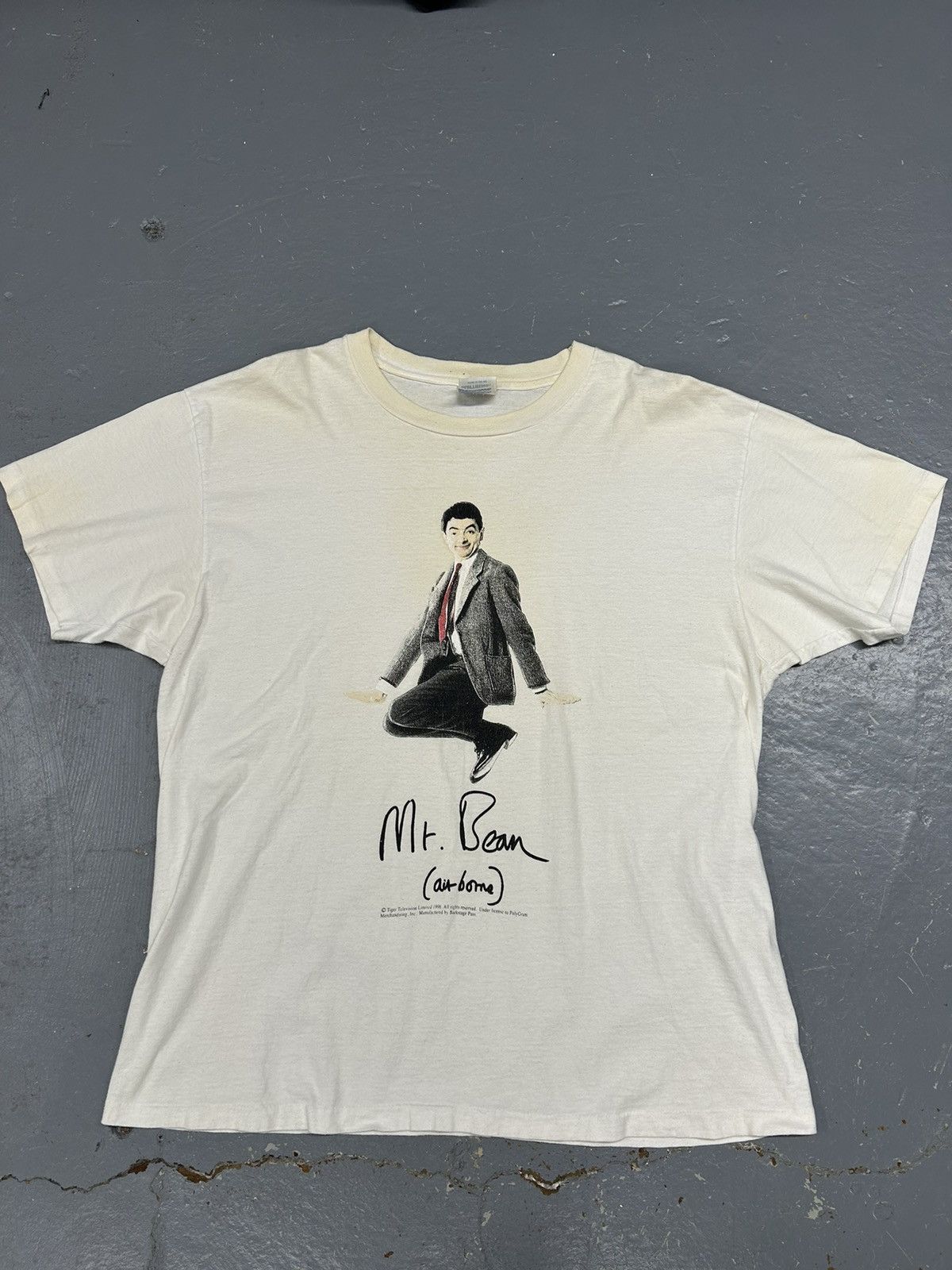 image of Movie x Vintage Crazy Vintage 1996 Mr. Bean Airborne Graphic White Tee Shirt, Men's (Size XL)