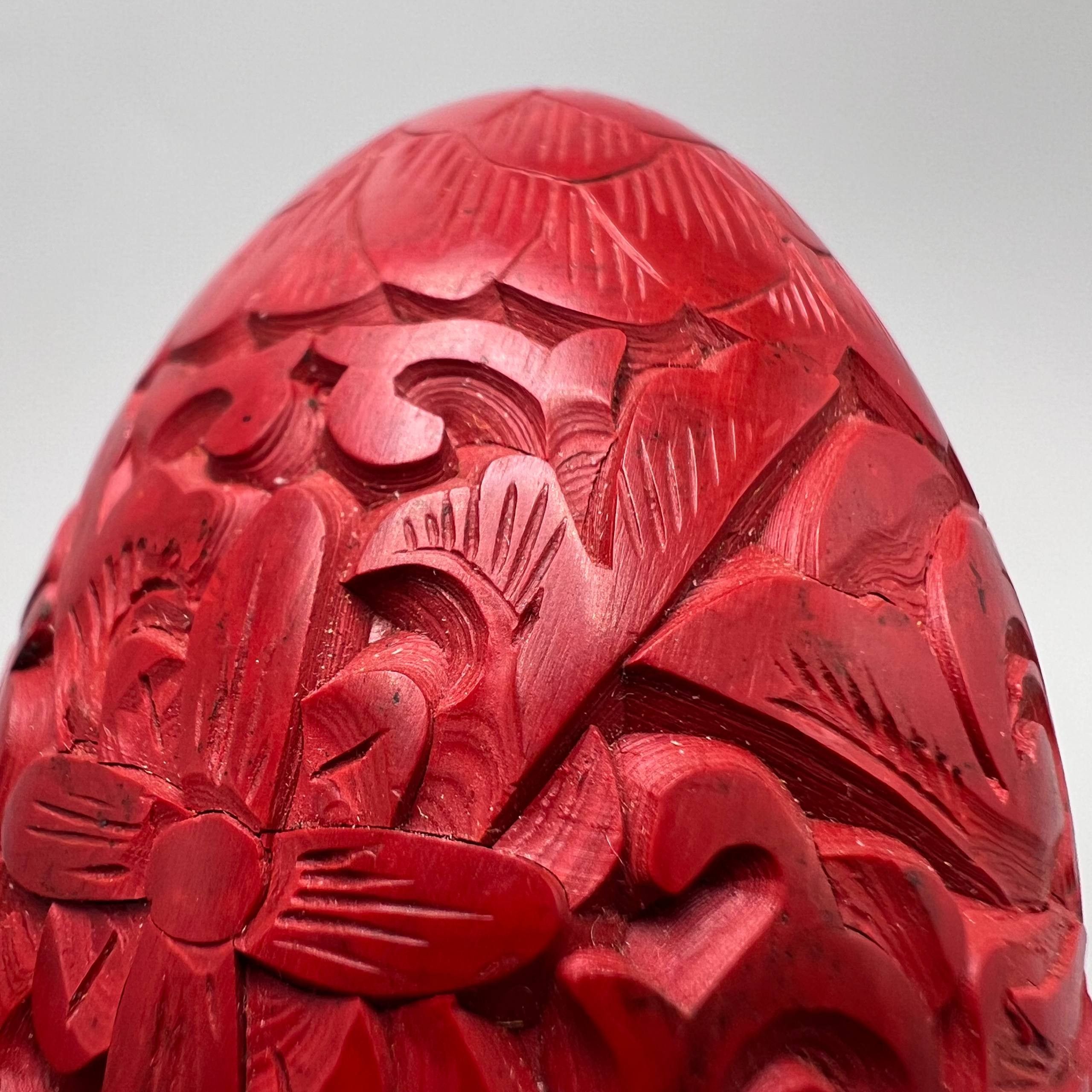Vintage Vintage Chinese Red Carved Wooden Egg Cinnabar Style Floral Size ONE SIZE - 10 Thumbnail