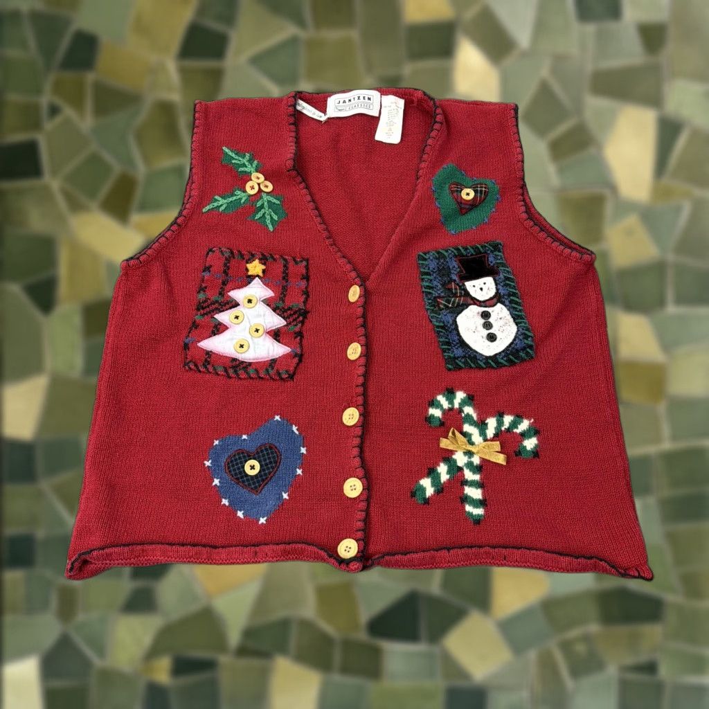 Jantzen Jantzen Sweater Vest Womens Large Red Christmas Holiday Ugly Christmas Embroidered Bow Button V-Neck Knit Sleeveless Size L / US 10 / IT 46 - 1 Thumbnail