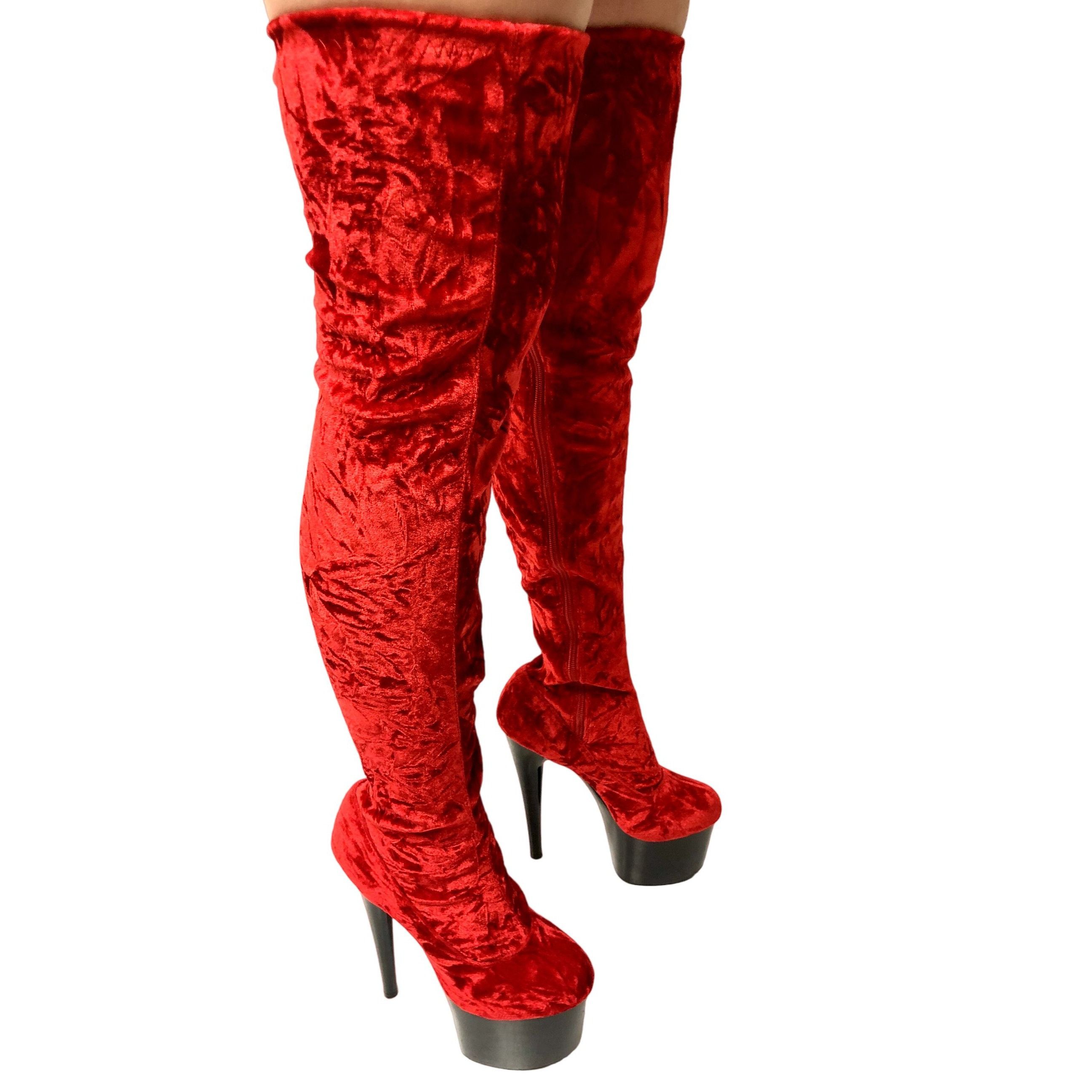 CRUSHED Red VELVET Stiletto High Heel PLATFORM SEXY Boots