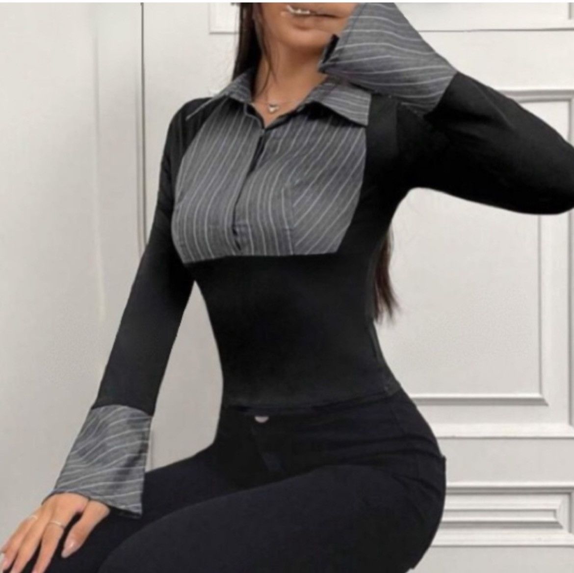 Designer × Other NWT, Lavishly Paris Women’s Cuffed Sleeve Pinstriped Blouse Size M / US 6-8 / IT 42-44 - 7 Thumbnail
