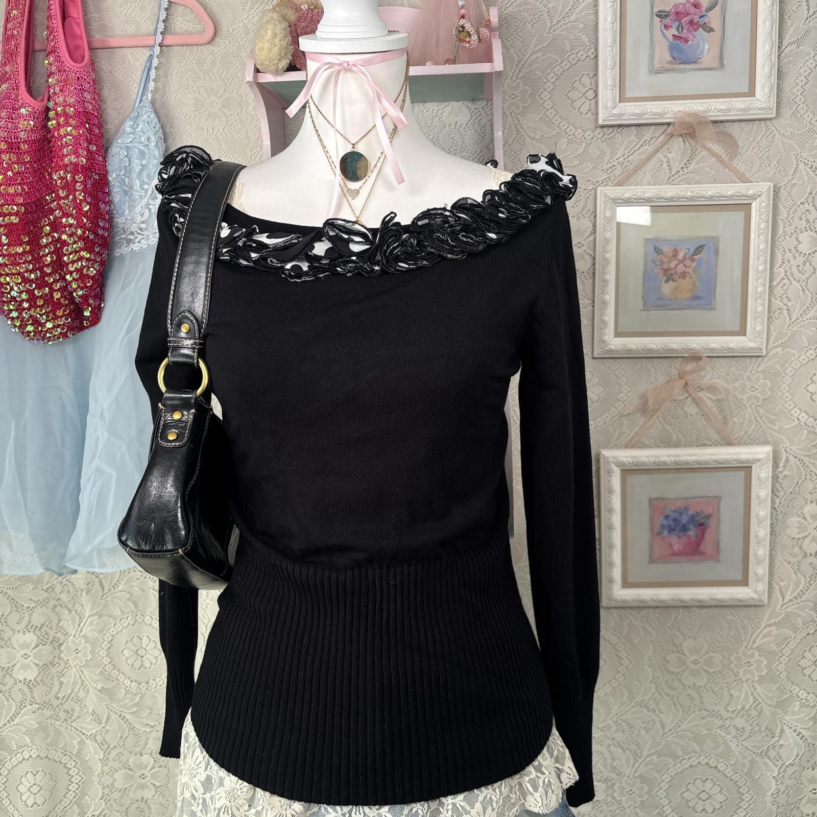 Baldinini vintage black polka dot grunge off the shoulder top Size M / US 6-8 / IT 42-44 - 3 Thumbnail