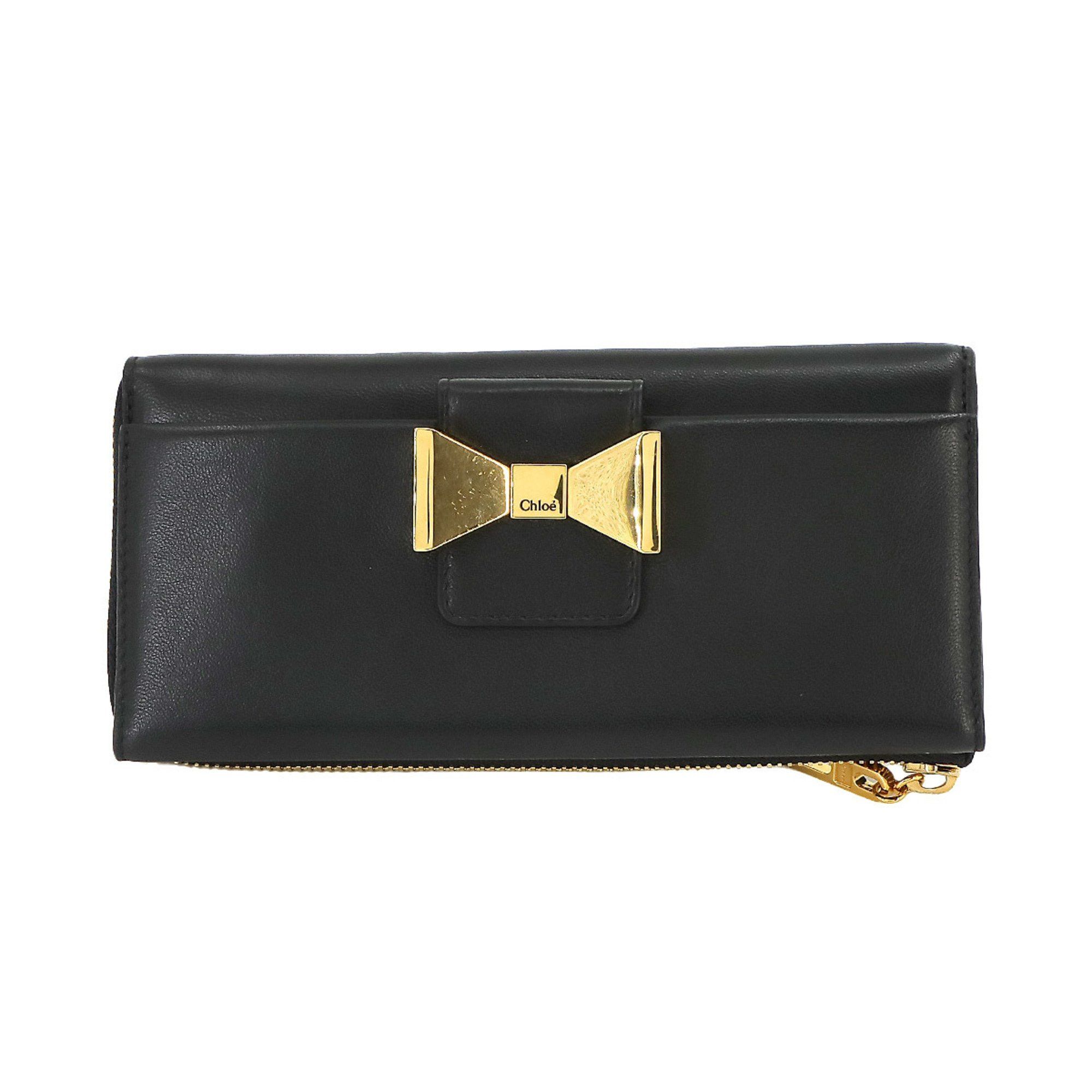image of Chloé Chloe Bobbi Long Wallet Leather Black Ribbon Gold Metal Fittings, Women's