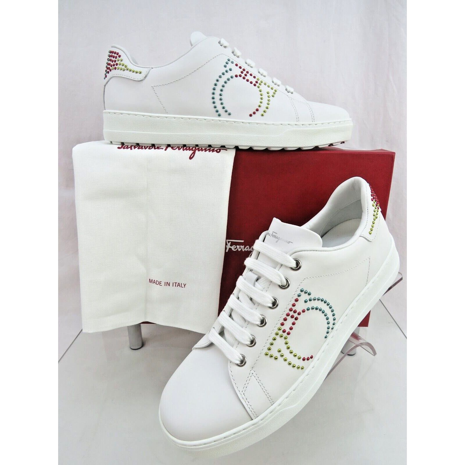 Salvatore Ferragamo PIERRE WHITE LEATHER STADS GANCINI LOGO SNEAKERS 9 C ITALY Size US 9 / IT 39 - 6 Thumbnail