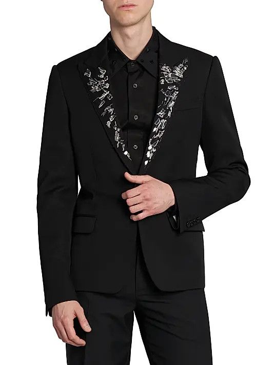 Alexander McQueen o1w1db10925 Embroidered Single-Breasted Wool Jacket in Black Size US L / EU 52-54 / 3 - 2 Thumbnail