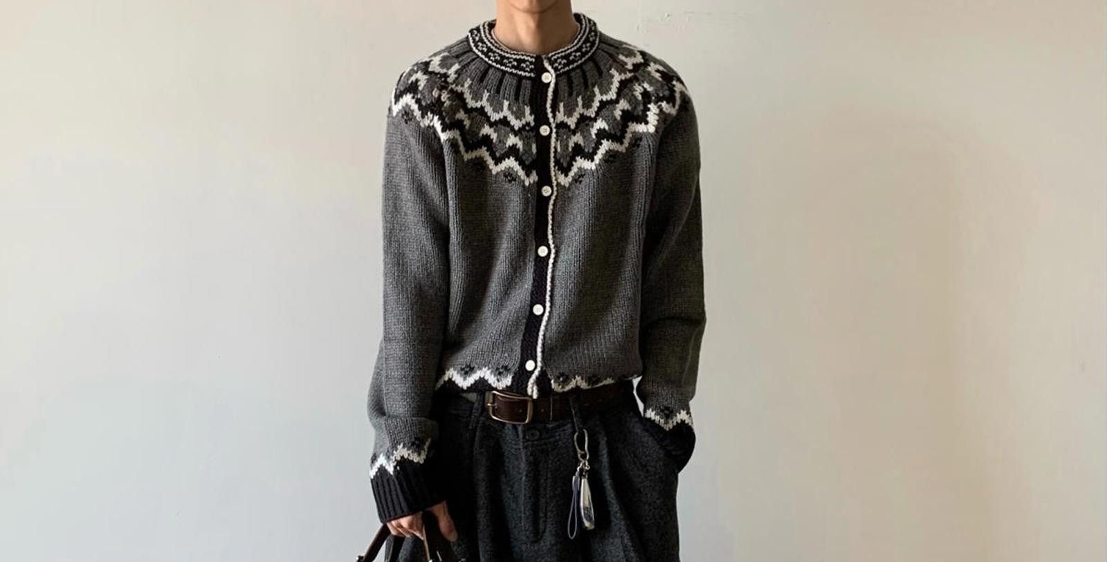 Other Stylish Gray Knit Cardigan with Traditional Pattern Size US L / EU 52-54 / 3 - 2 Thumbnail