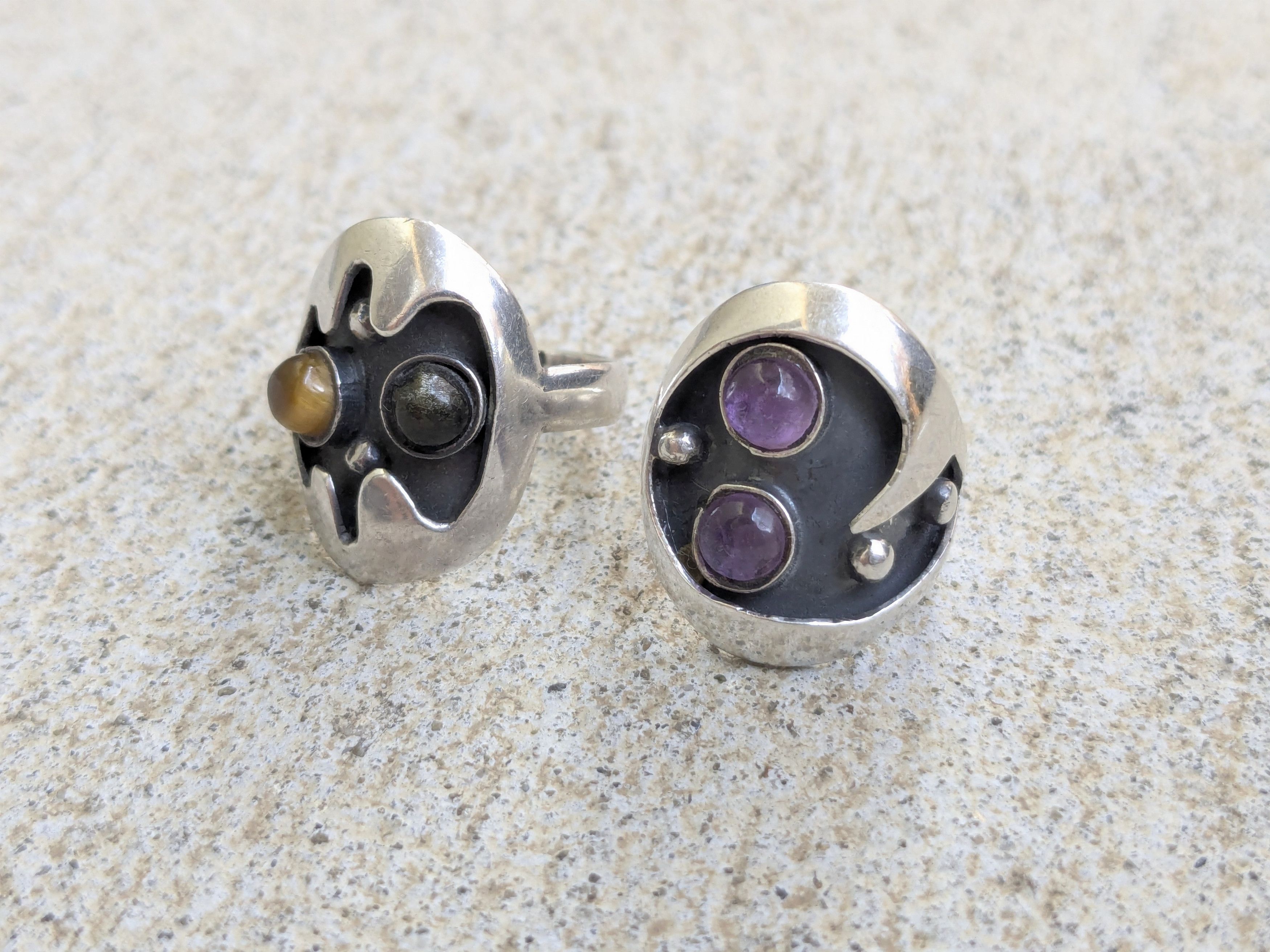 Jewelry Vintage Taxco Sterling Silver Rings Amethyst Tiger Eye Size ONE SIZE - 2 Thumbnail