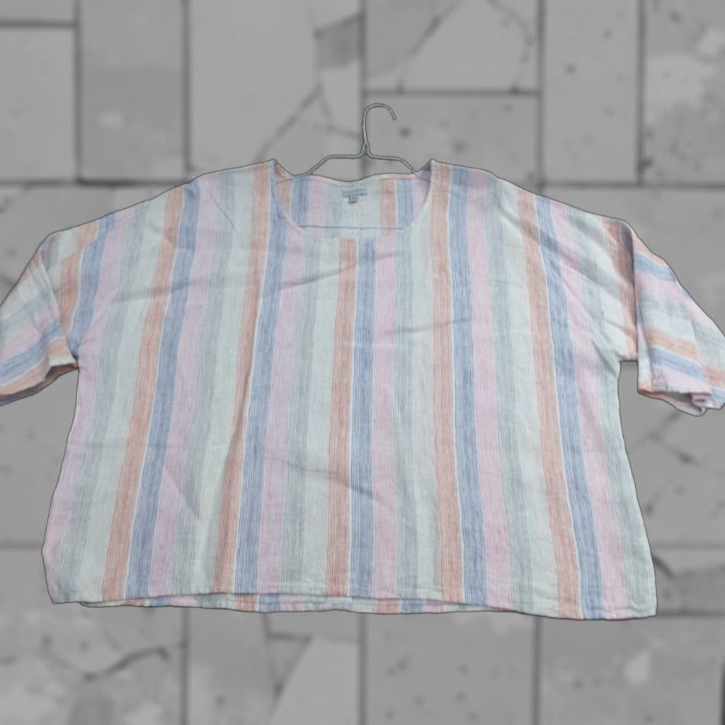 Vintage Paraphrase Blouse Striped 3/4 Sleeves Linen Crew Neck Blue Beige Large L Women Size L / US 10 / IT 46 - 1 Thumbnail