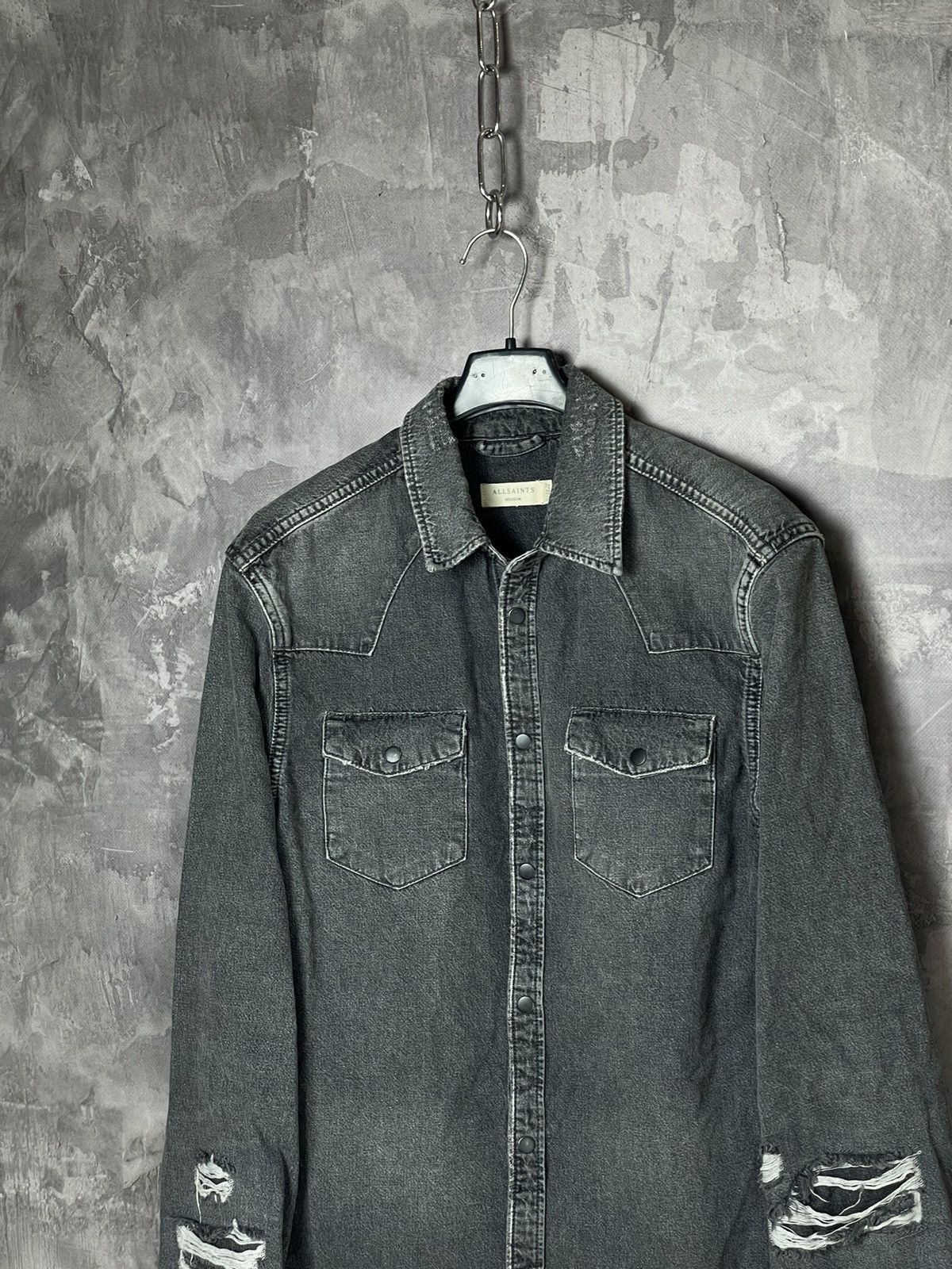 Allsaints AllSaints Denim Distressed Faded Grey Y2K overshirt buttonup Size US M / EU 48-50 / 2 - 7 Thumbnail