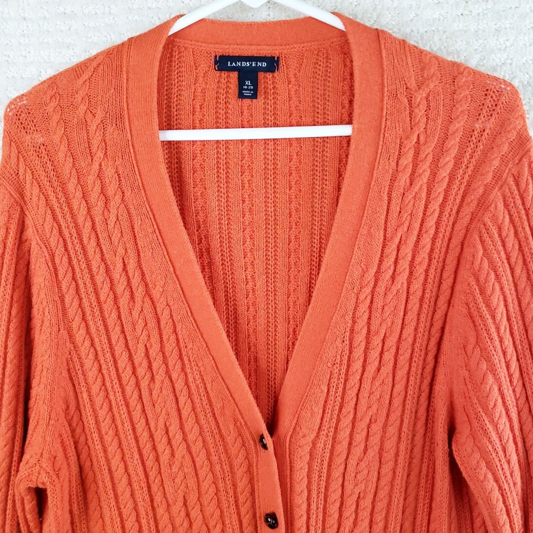 Lands' End Lands' End Women's XL Orange Cable Knit Cardigan Sweater Leather Look Buttons V-Neck Long Sleeve Knit Casual Fall Winter Spring Shirt/ Sweater Women Size XL / US 12-14 / IT 48-50 - 3 Thumbnail