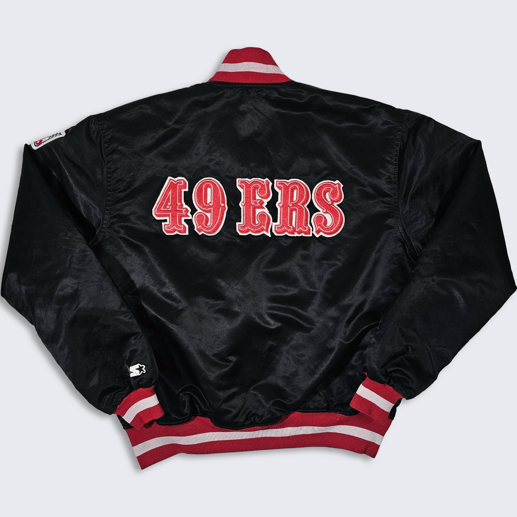 image of Nfl x Starter San Francisco 49Ers Vintage 80's Starter Satin Bomber Jacket in Black Red (Size Large