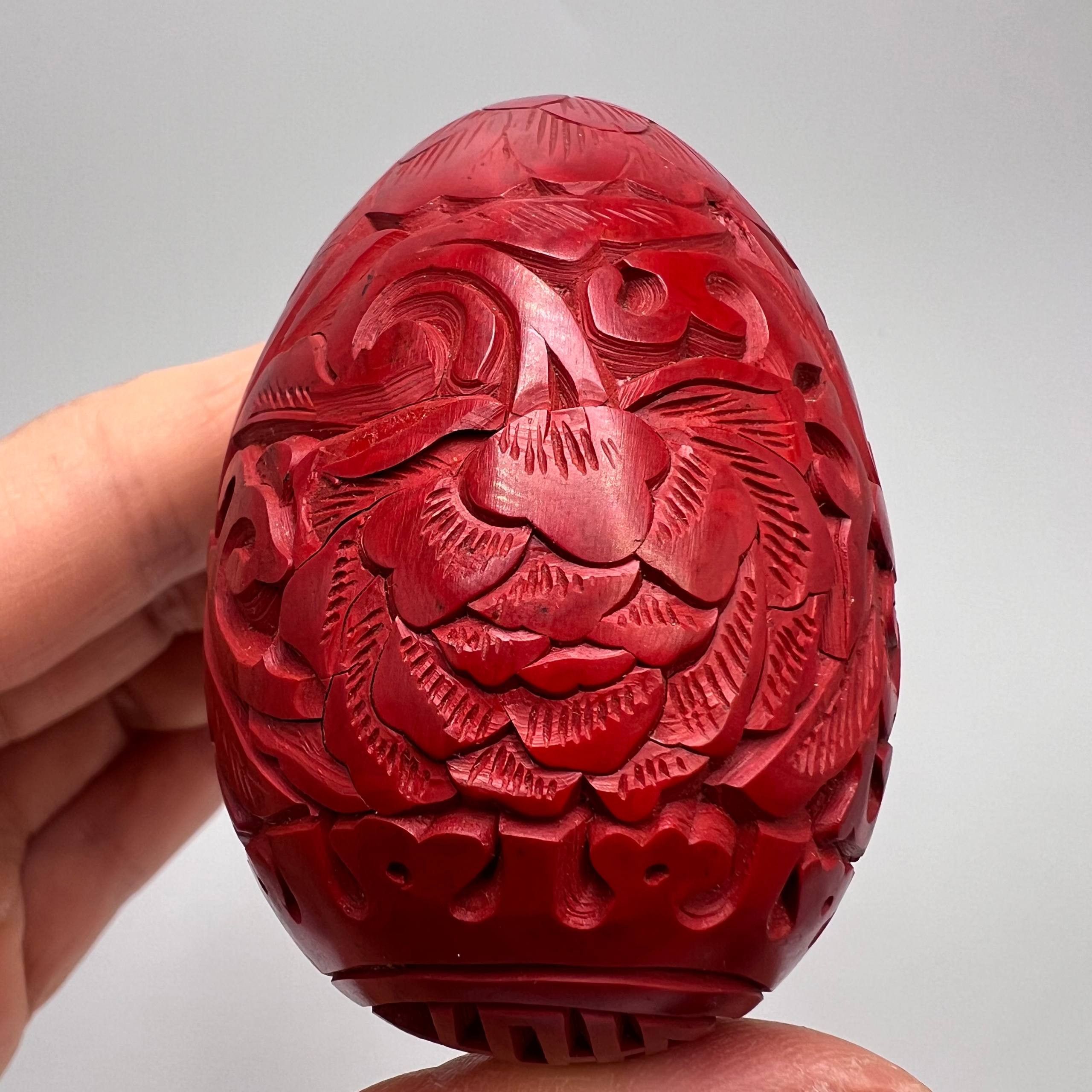 Vintage Vintage Chinese Red Carved Wooden Egg Cinnabar Style Floral Size ONE SIZE - 9 Thumbnail