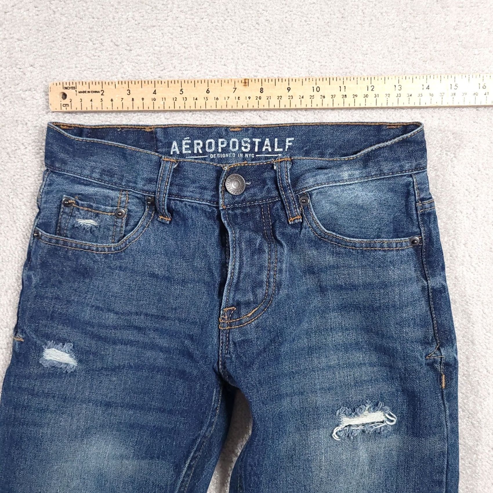 Vintage Aéropostale Jeans Slim Straight Denim 28/28 Distressed Button Fly Boys Mens Sized 28 Blue Denim Shirt? Size US 28 / EU 44 - 6 Thumbnail