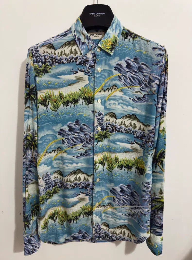Saint Laurent Paris Saint Laurent Paris Viscose Sky Blue Palm Tree Wave Shirt Size XS / US 0-2 / IT 36-38 - 1 Thumbnail