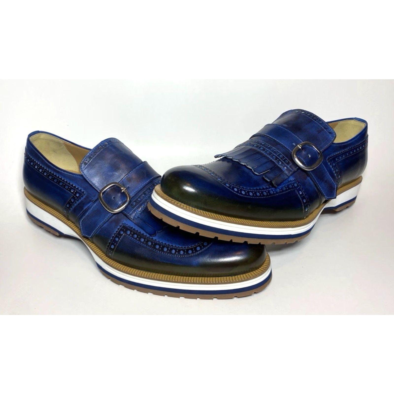 Vintage Francesco Benigno Canto de' Ricci Firenze Italy Men's Monk Strap Leather Loafers Dress Slip On Sz 11 Blue UK 10 Leatheroutsole Rubber Size US 10 / EU 43 - 2 Thumbnail