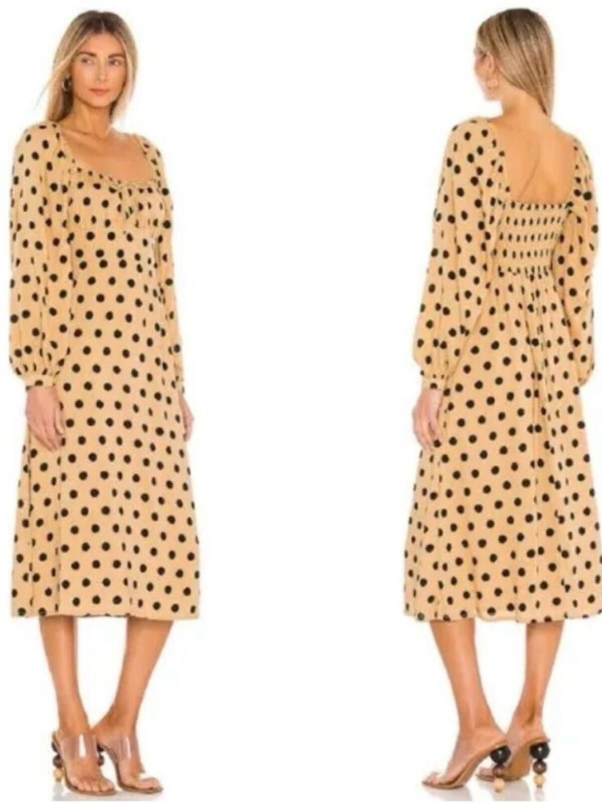 Other Faithfull the Brand Beige Midi Dress with Black Polka Dots Size S / US 4 / IT 40 - 5 Thumbnail