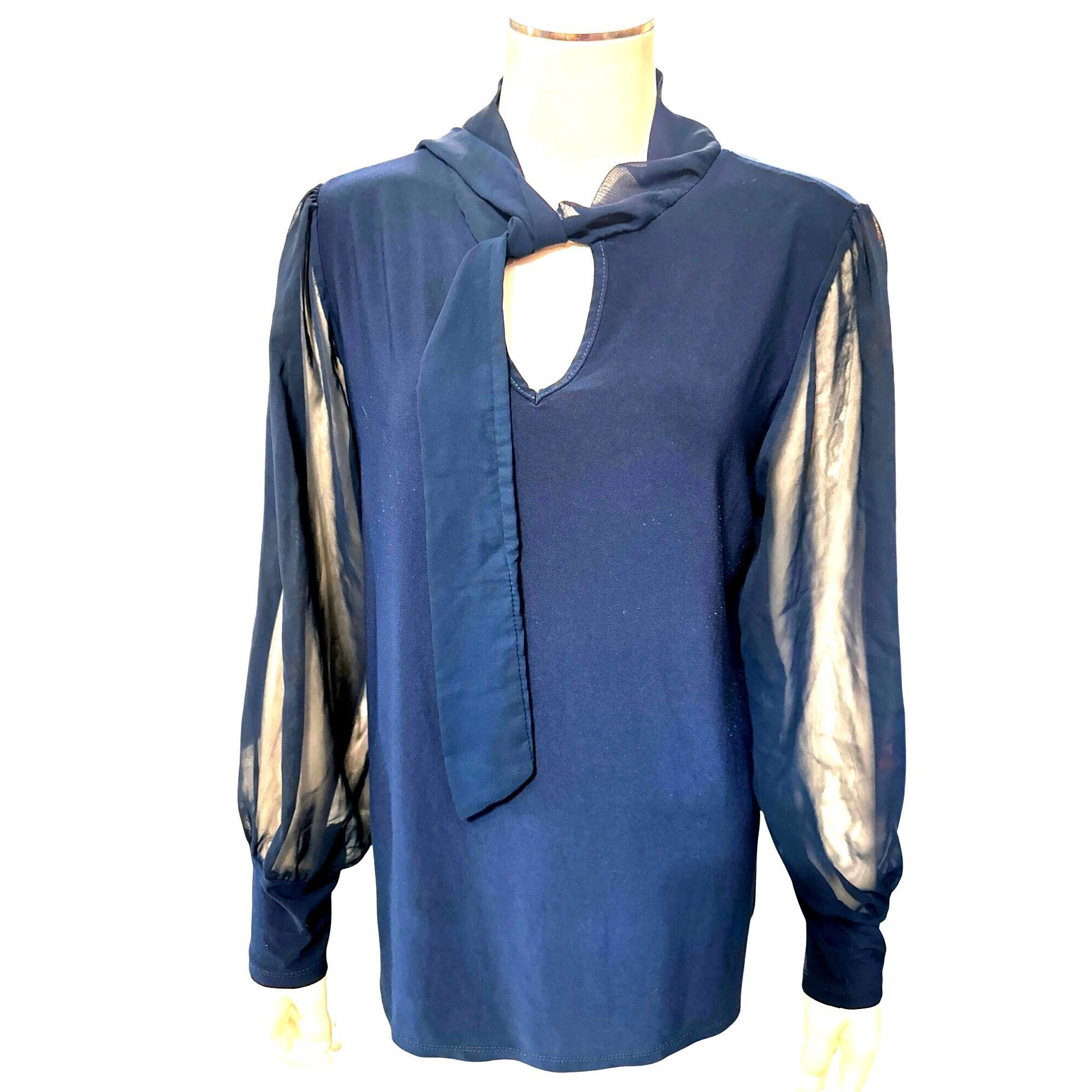 Other Adele May Navy Blouse Large Sheer Sleeve Tie Neck Keyhole Ro Size L / US 10 / IT 46 - 1 Thumbnail