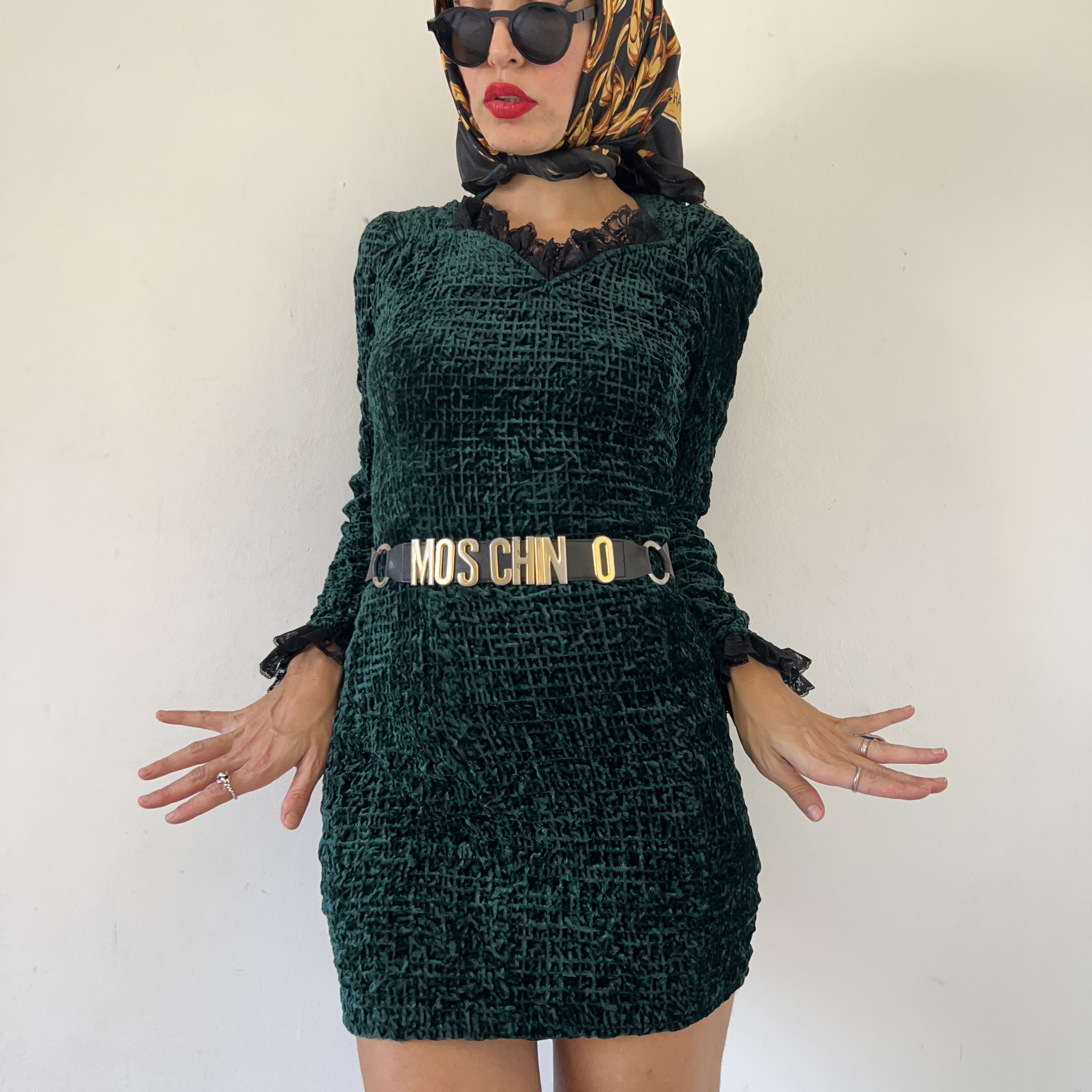 Vintage Vintage Green Crushed Velvet Mini Dress Size M / US 6-8 / IT 42-44 - 5 Thumbnail