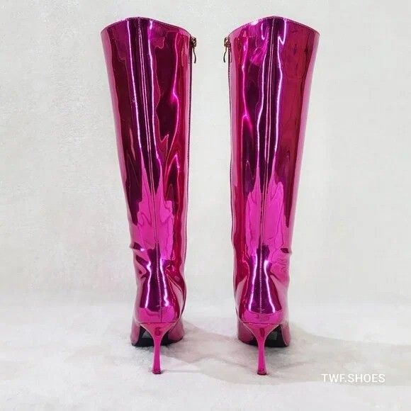 Other Static Shiny Metallic Fuchsia Knee Boots 3" Kitten Heels (US Size US 6.5 / IT 36.5 - 5 Thumbnail
