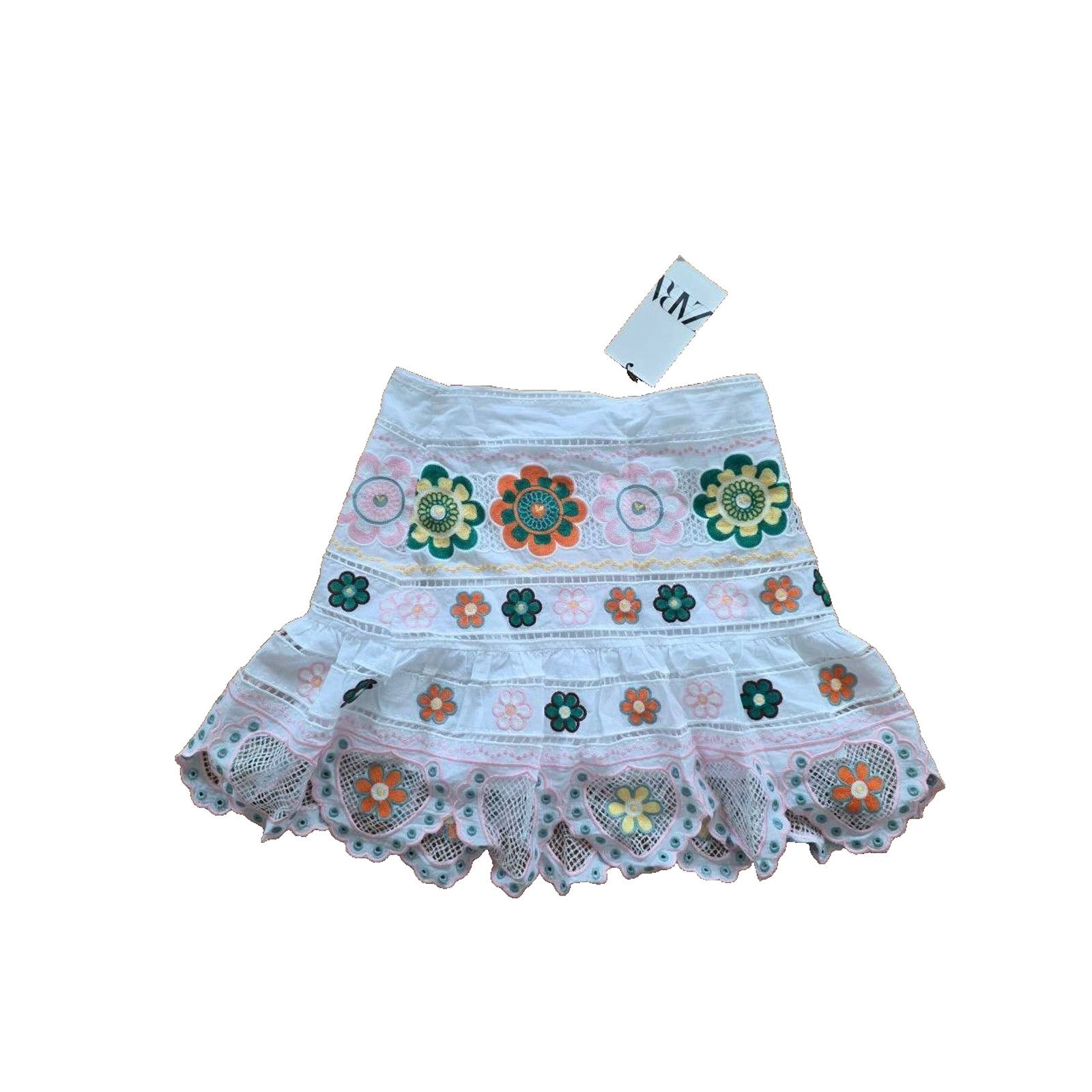Zara Zara White Embroidered Floral Scalloped Crochet XS A001646 Size 24" / US 00 / IT 34 - 2 Thumbnail