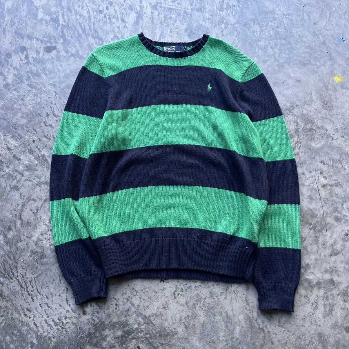 Polo Ralph Lauren × Vintage Vintage Polo Ralph Lauren Green and Navy Striped Sweater Size US L / EU 52-54 / 3 - 1 Thumbnail