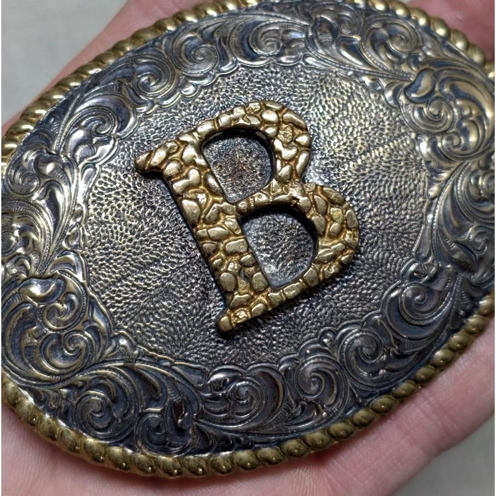 Vintage VINTAGE CRUMRINE Belt Buckle "B" heavy silver plate BRONZE sterling WESTERN Mens Size ONE SIZE - 2 Thumbnail