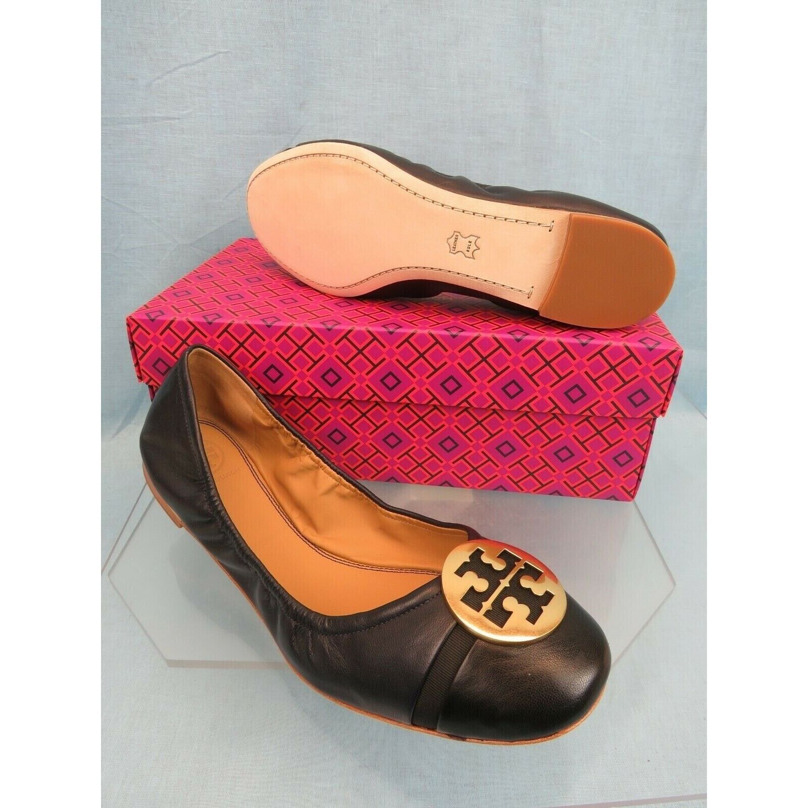 Tory Burch TORY BURCH MINNIE BLUE LEATHER GOLD REVA BLACK TOE FLATS 9 Size US 9 / IT 39 - 11 Thumbnail