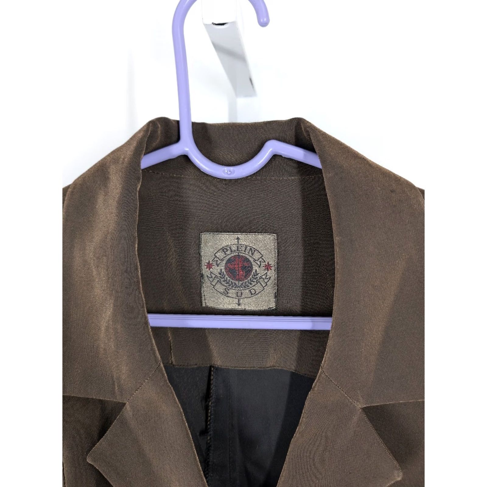 plein sud VINTAGE Plein Sud Blazer Womens 90s Brown Lycra Metallic 10 Stretch Snap Jacket Size L / US 10 / IT 46 - 6 Thumbnail