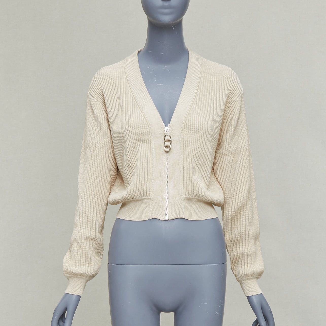 Hermes HERMES ecru viscose silk silver zipper head ribbed crop cardigan FR36 S Size S / US 4 / IT 40 - 1 Thumbnail