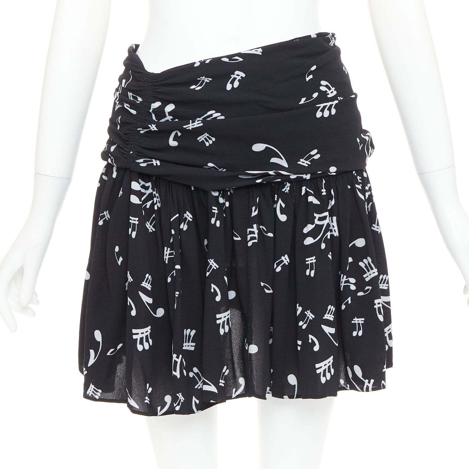 Miu Miu MIU MIU 2013 black white viscose blend musical notes ruched mini skirt IT36 XXS Size 25" / US 0 / IT 36 - 1 Thumbnail
