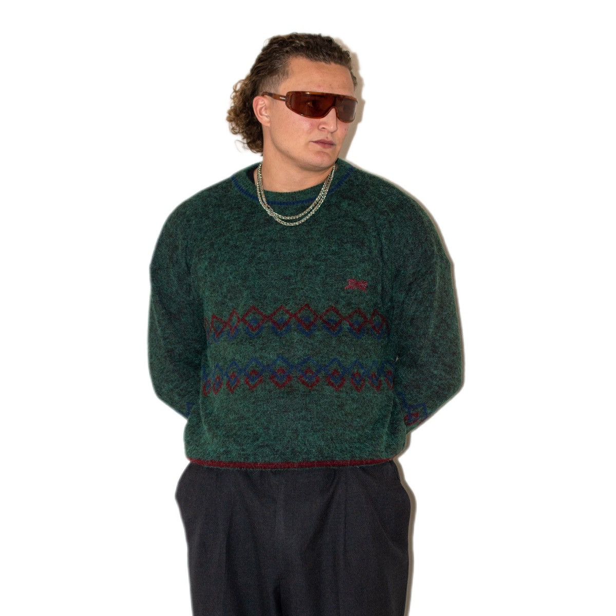 Designer × Vintage 90s Vintage dark Green wool blend Geometric knit Sweater Size US L / EU 52-54 / 3 - 1 Thumbnail