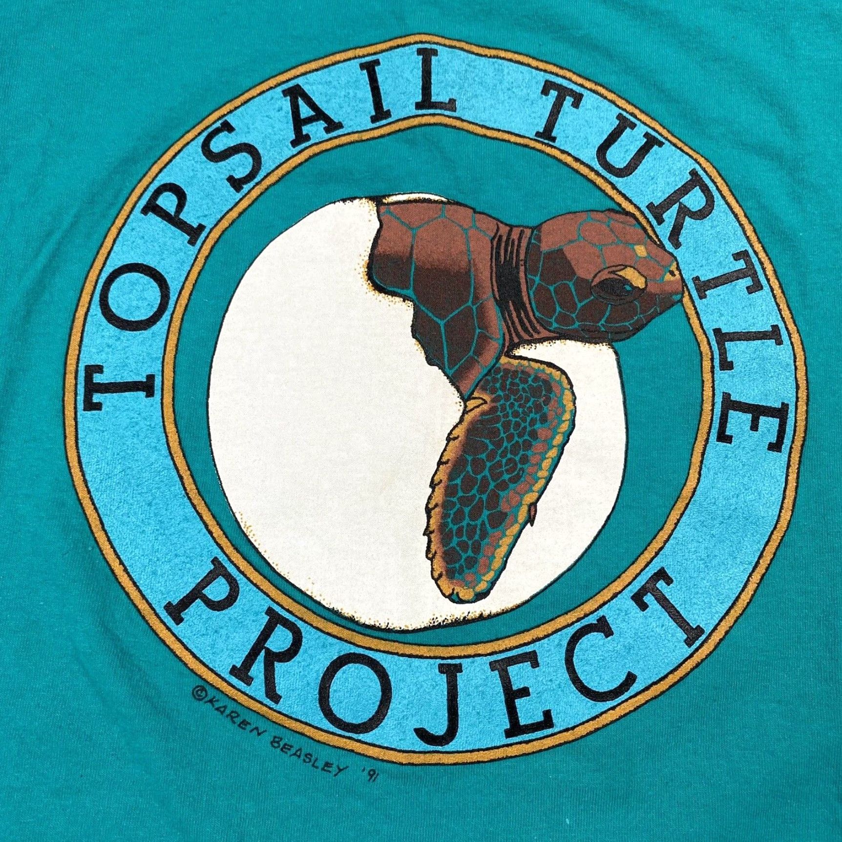 Gildan VINTAGE 1991 TopSail Turtle Project Eco Nature T-Shirt Men Size Large Teal Graphic Eco woods Size US L / EU 52-54 / 3 - 2 Thumbnail