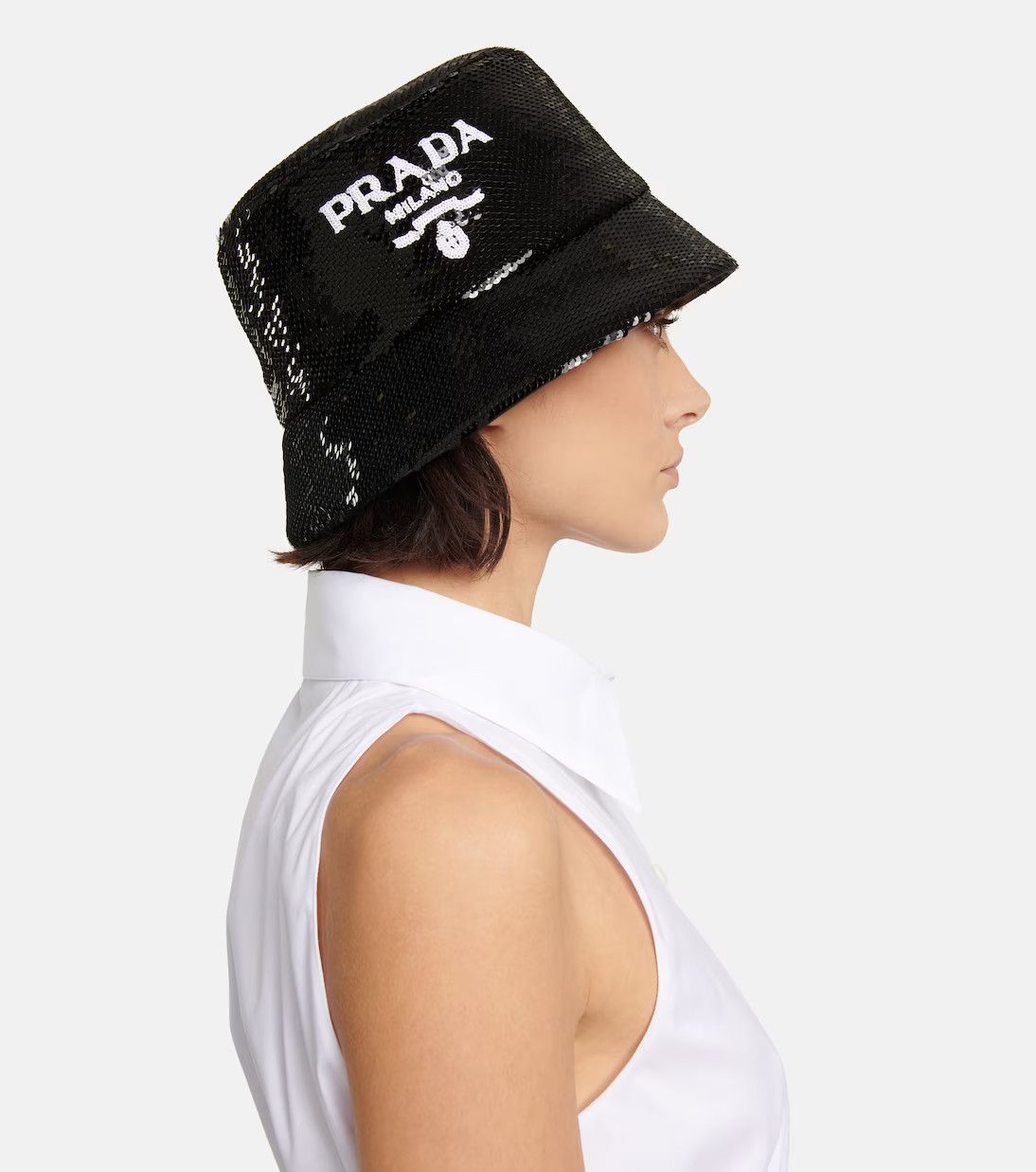 image of Prada Black Sequin Logo Bucket Hat, Women's