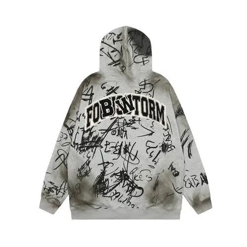 image of Vintage Street Graffiti Oversized Hoodie in Grey, Men's (Size Large)