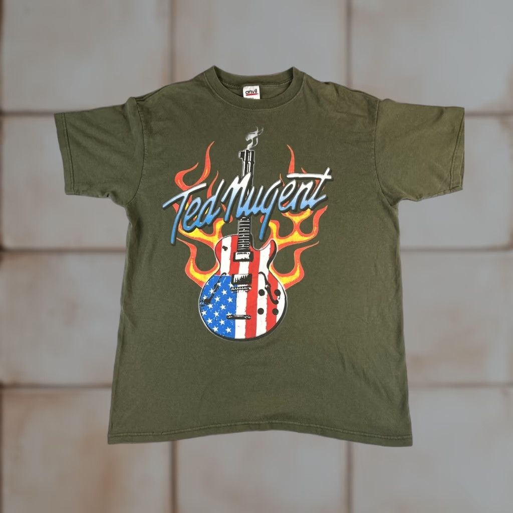 Anvil VTG Ted Nugent Flaming Guitar T Shirt Mens L Green Cotton Rock Shirt Mens L Green Cotton Rock Size US L / EU 52-54 / 3 - 1 Thumbnail