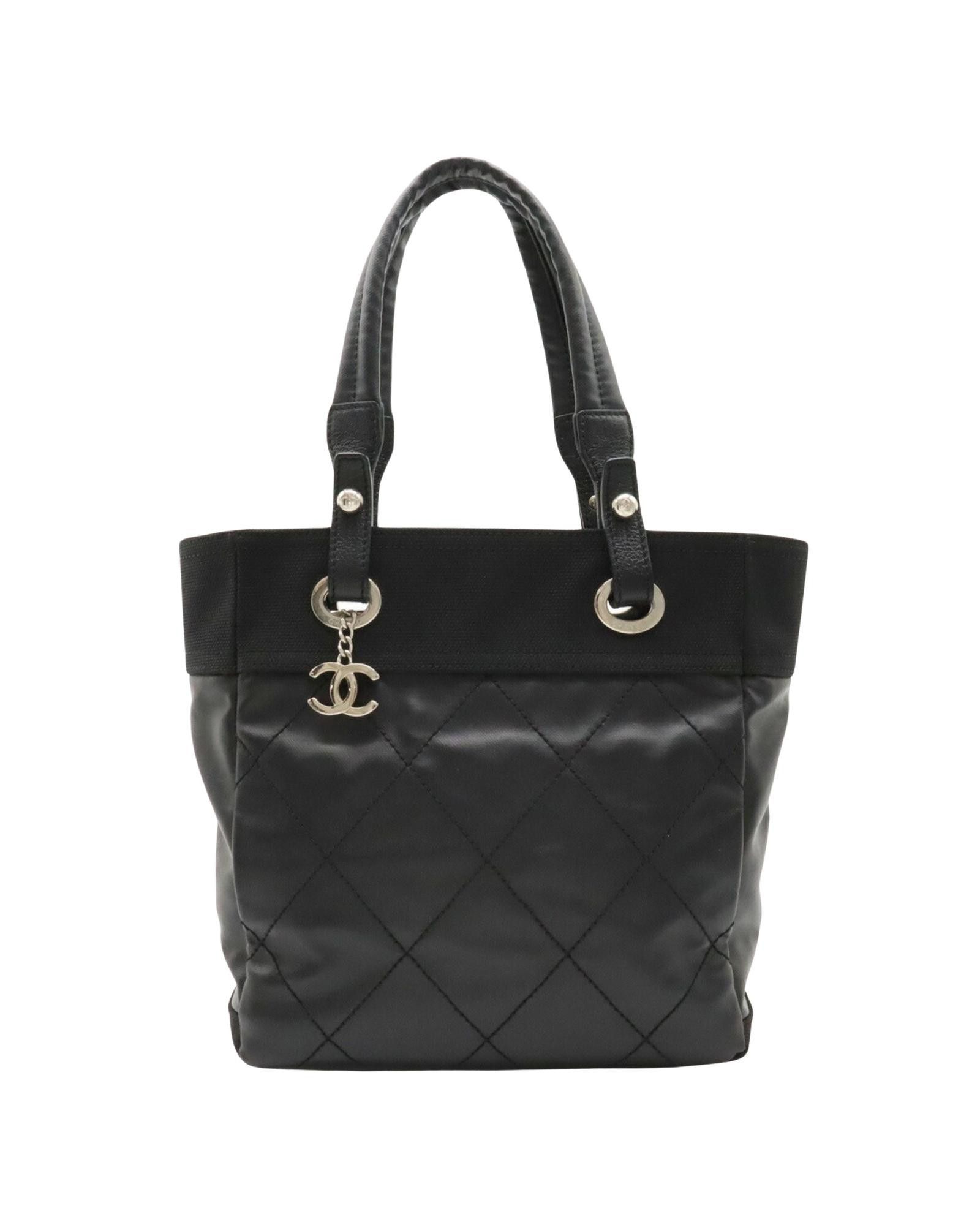 image of Chanel Luxurious Black Coated Canvas Shoulder And Tote Bag With Outer Zipper Pocket, Women's