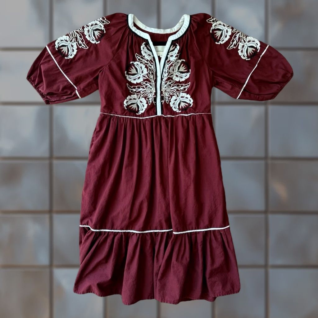 Anthropologie VINTAGE Anthropologie Gretel Embroidered Folk Peasant Maxi Dress XS Maroon Glam Boho Size XS / US 0-2 / IT 36-38 - 1 Thumbnail