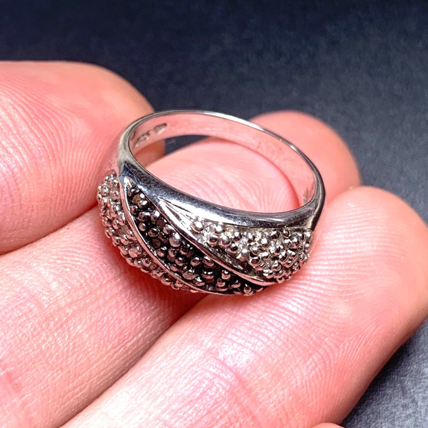 Vintage Sterling Silver 925 Black & White CZ Pave Set Tapered Domed Size ONE SIZE - 6 Thumbnail