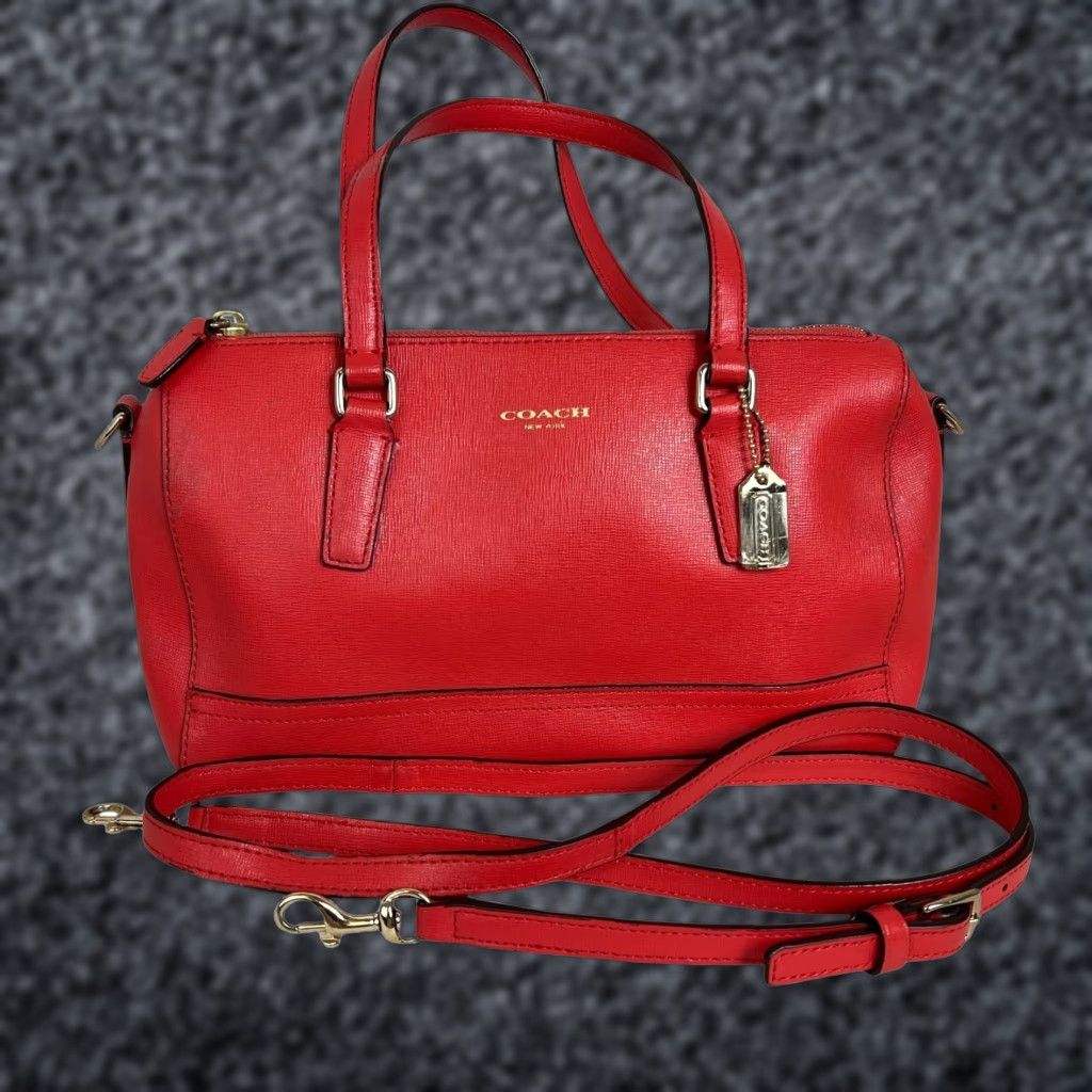Coach Saffiano Mini Satchel Handbag Crossbody Strap Red Faux Leather Small Women in White