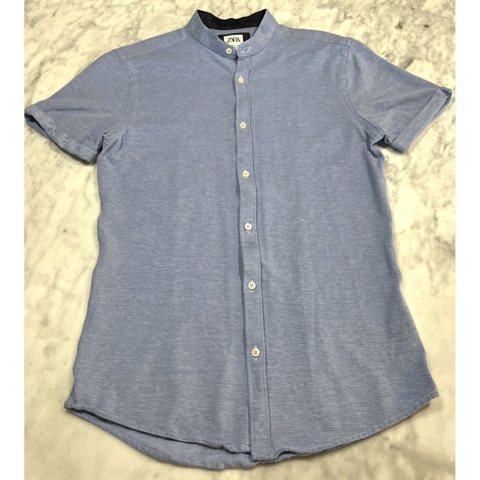 Zara Zara Button-Up Men’s Shirt M Slim Fit Short Sleeve Solid Blue Cotton Woven Casual Travel Modern PreppyMens Size US M / EU 48-50 / 2 - 2 Thumbnail